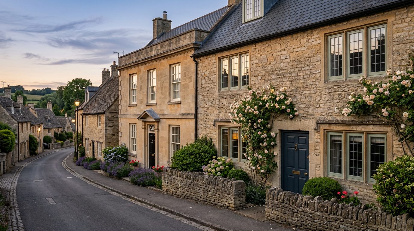 Residential Eynsham street in Oxfordshire showing local vernacular windows and doors — the character of homes South East Windows & Doors installs across OX29