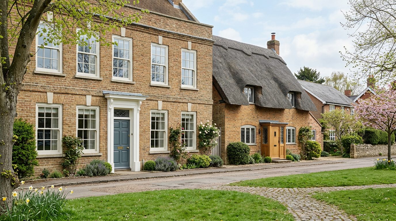 Residential Cranfield street in Bedfordshire showing local vernacular windows and doors — the character of homes South East Windows & Doors installs across MK43