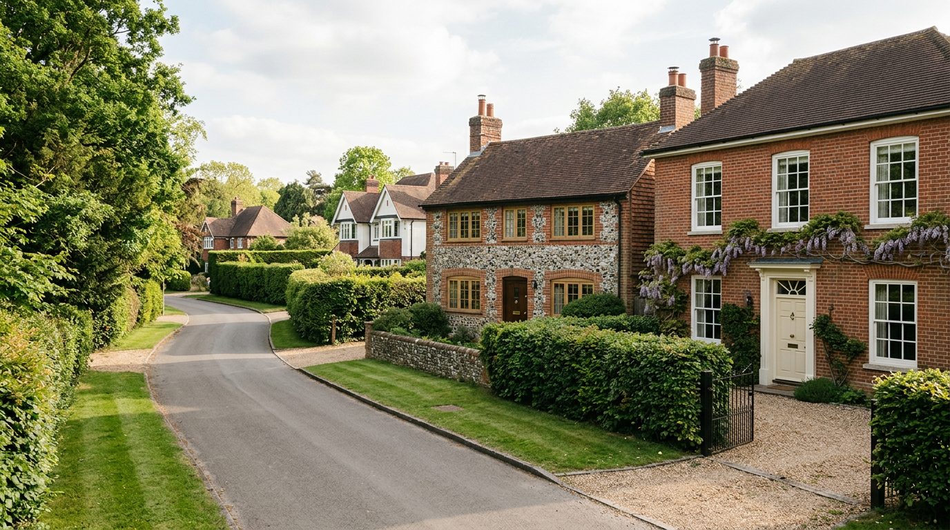 Residential Gerrards Cross street in Buckinghamshire showing local vernacular windows and doors — the character of homes South East Windows & Doors installs across SL9