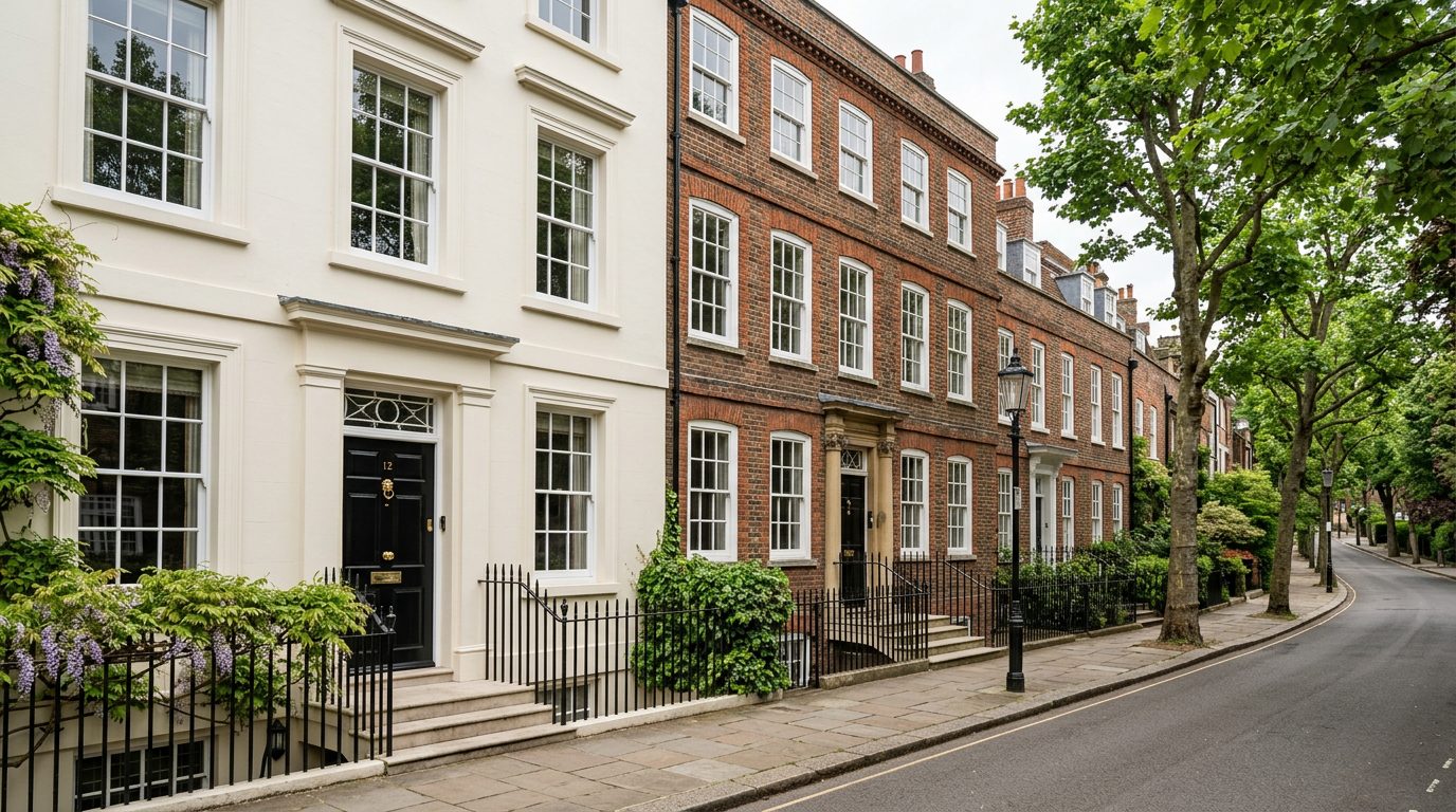 Residential Hampstead street in London showing local vernacular windows and doors — the character of homes South East Windows & Doors installs across NW3, NW6