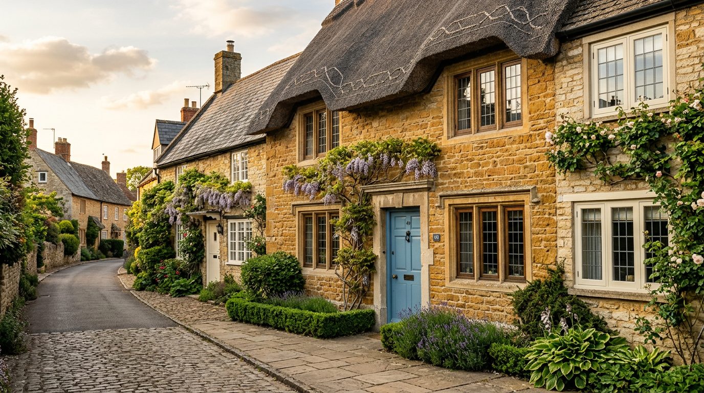 Residential Long Buckby street in Northamptonshire showing local vernacular windows and doors — the character of homes South East Windows & Doors installs across NN6