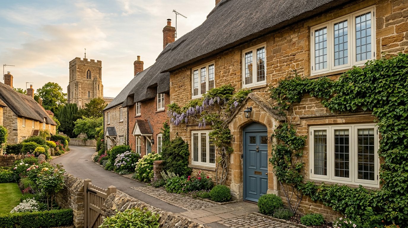 Residential Earls Barton street in Northamptonshire showing local vernacular windows and doors — the character of homes South East Windows & Doors installs across NN6