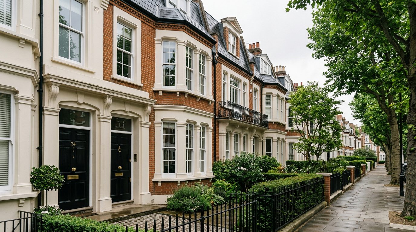 Residential Kensington street in London showing local vernacular windows and doors — the character of homes South East Windows & Doors installs across W8, W11, W14