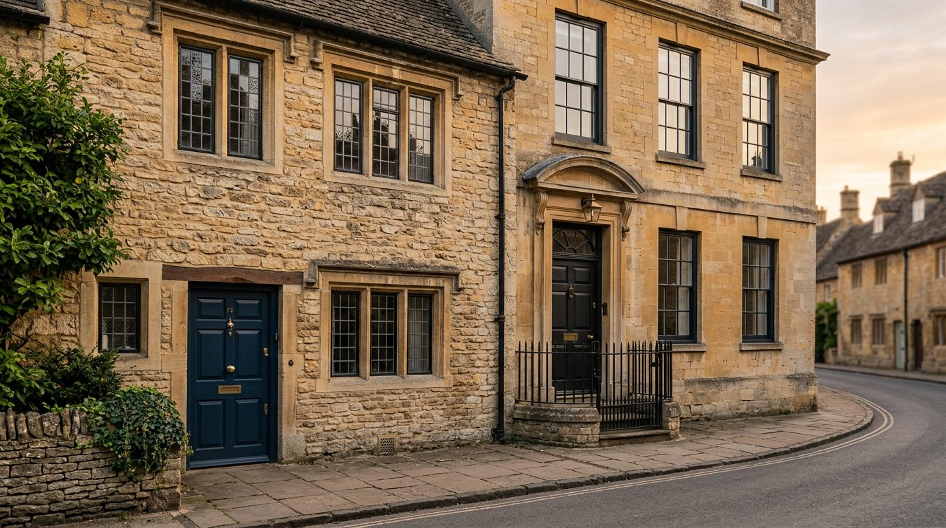 Residential Burford street in Oxfordshire showing local vernacular windows and doors — the character of homes South East Windows & Doors installs across OX18