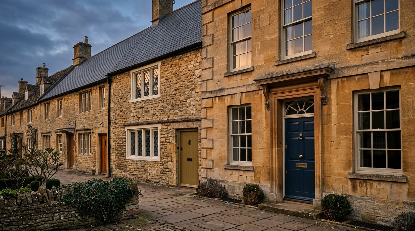 Residential Woodstock street in Oxfordshire showing local vernacular windows and doors — the character of homes South East Windows & Doors installs across OX20