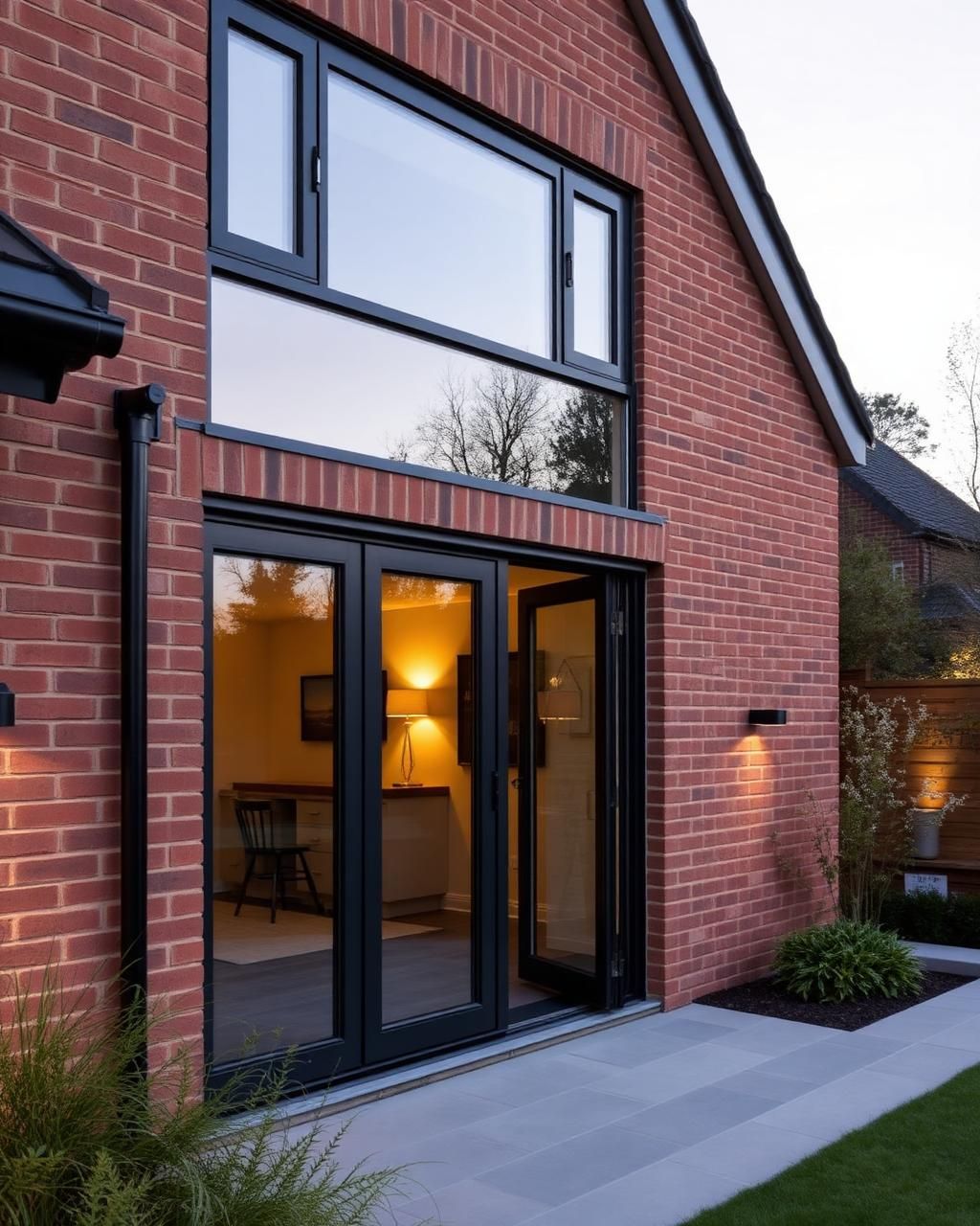 Black aluminium glazed double doors beneath a matching wide picture window on a contemporary red-brick home