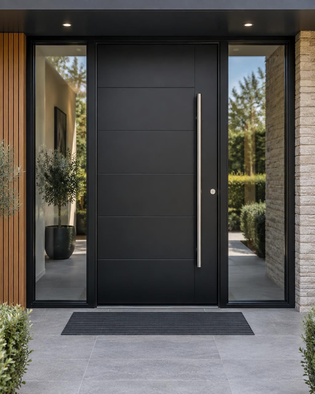 Black aluminium entrance door with a long stainless steel pull handle and matching full-height glazed sidelights