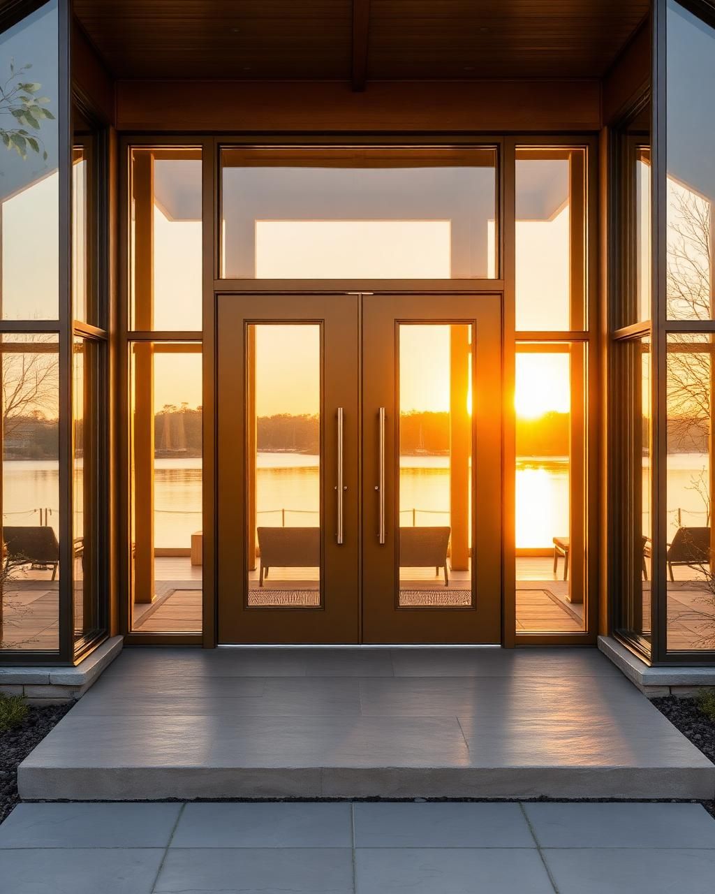 Bronze aluminium double entrance doors with full-height glazing on either side, lit by low evening sun