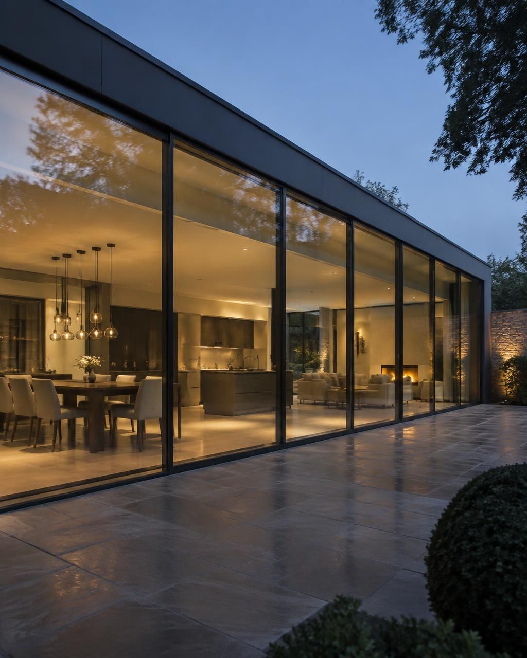Slim-frame anthracite grey aluminium picture windows on the rear elevation of a British home at dusk with warm interior kitchen light
