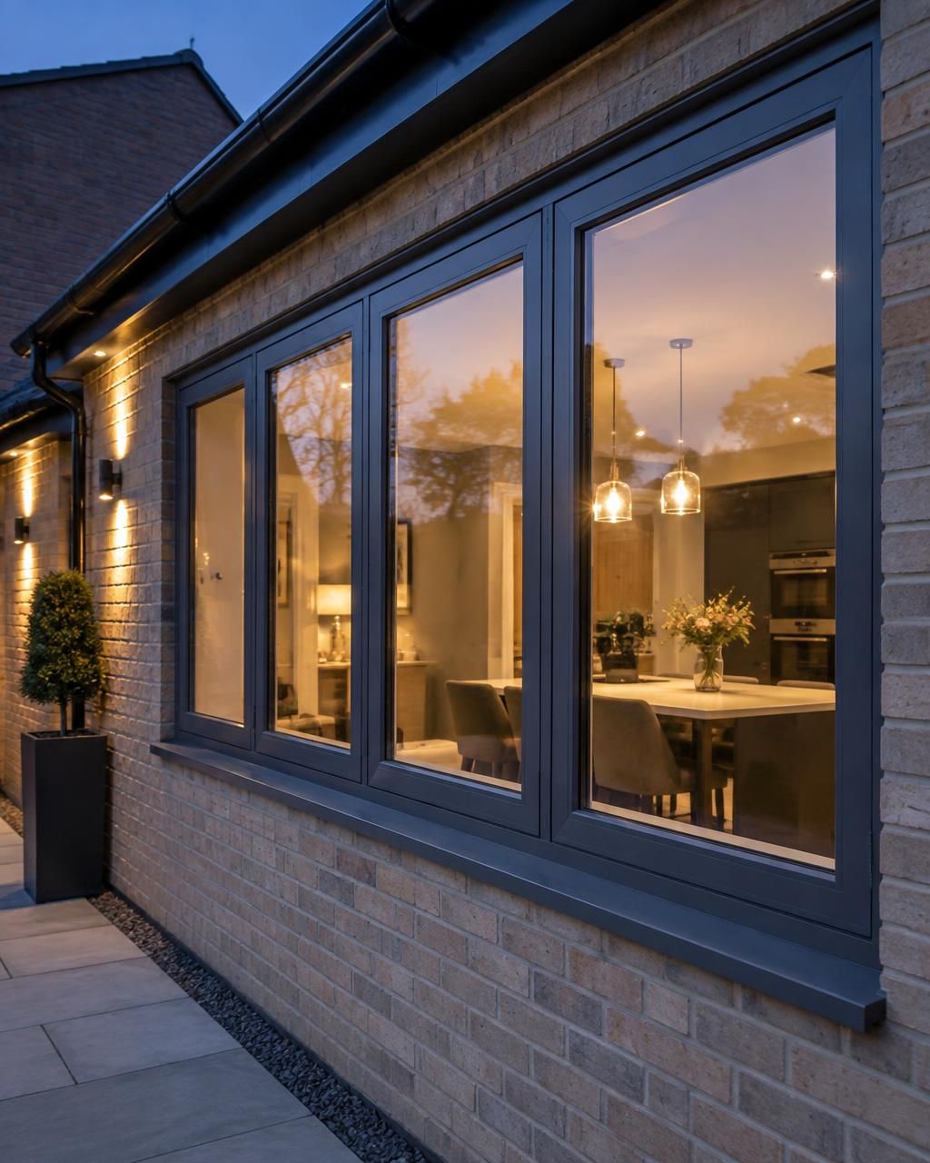 Bank of anthracite grey aluminium windows on a modern new-build family home lit from within