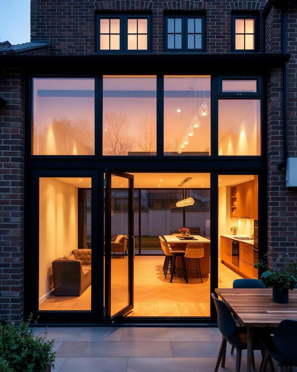 Large fixed black aluminium picture windows on the rear extension of a Victorian London townhouse at twilight with a warm designer kitchen interior visible