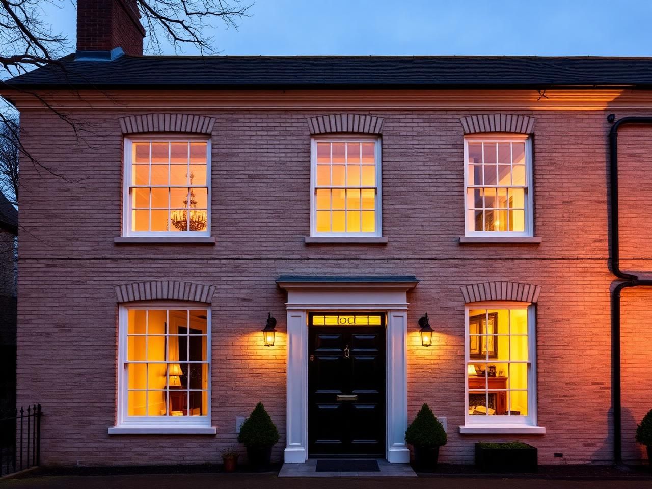 Georgian Bedfordshire rectory in pale gault brick with tall white sash windows and a glossy black front door lit at dusk