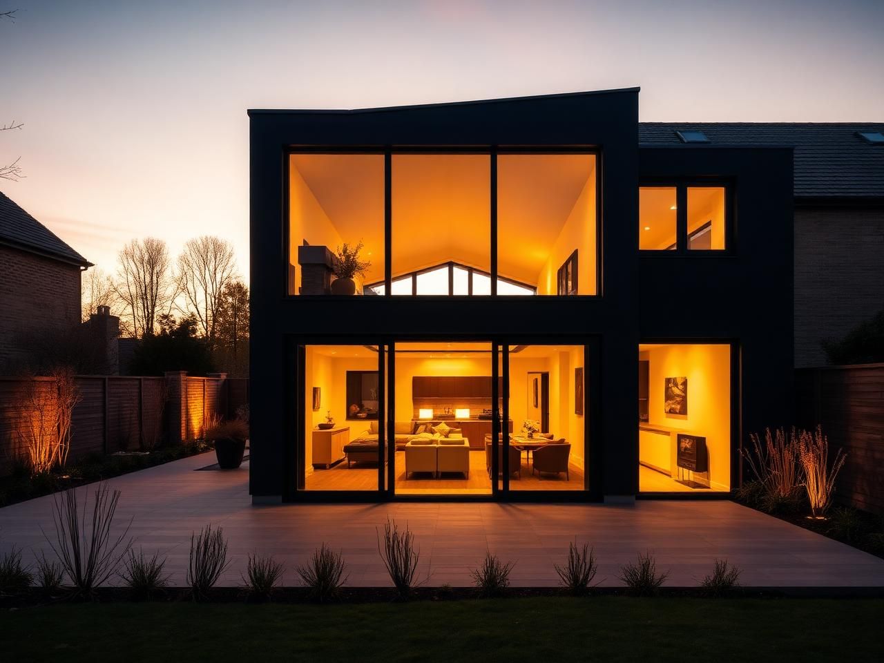 Modern Bedford family home with contemporary aluminium sliding doors opening onto a landscaped garden at dusk — installed by South East Windows & Doors in Flitwick, Bedfordshire