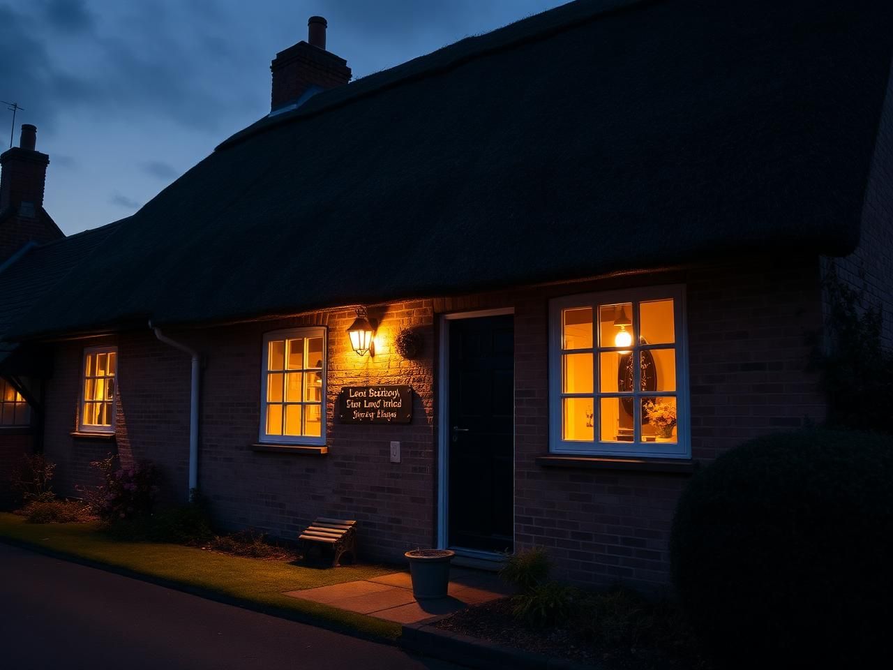 Bedfordshire village cottage with heritage flush casement windows under a thatched roof, warm lamplight glowing inside at twilight — installed by South East Windows & Doors in Flitwick, Bedfordshire