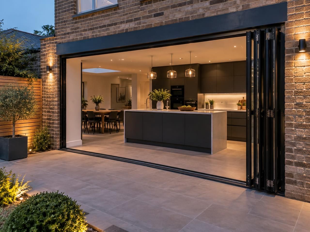 Black aluminium bifold doors folded and stacked fully open on a brick kitchen extension, opening onto a lit courtyard terrace at dusk