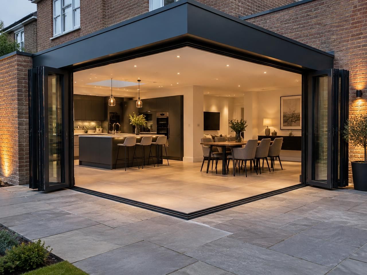 Corner-configuration black aluminium bifold doors folded open at the corner of a modern brick extension onto a stone terrace at dusk