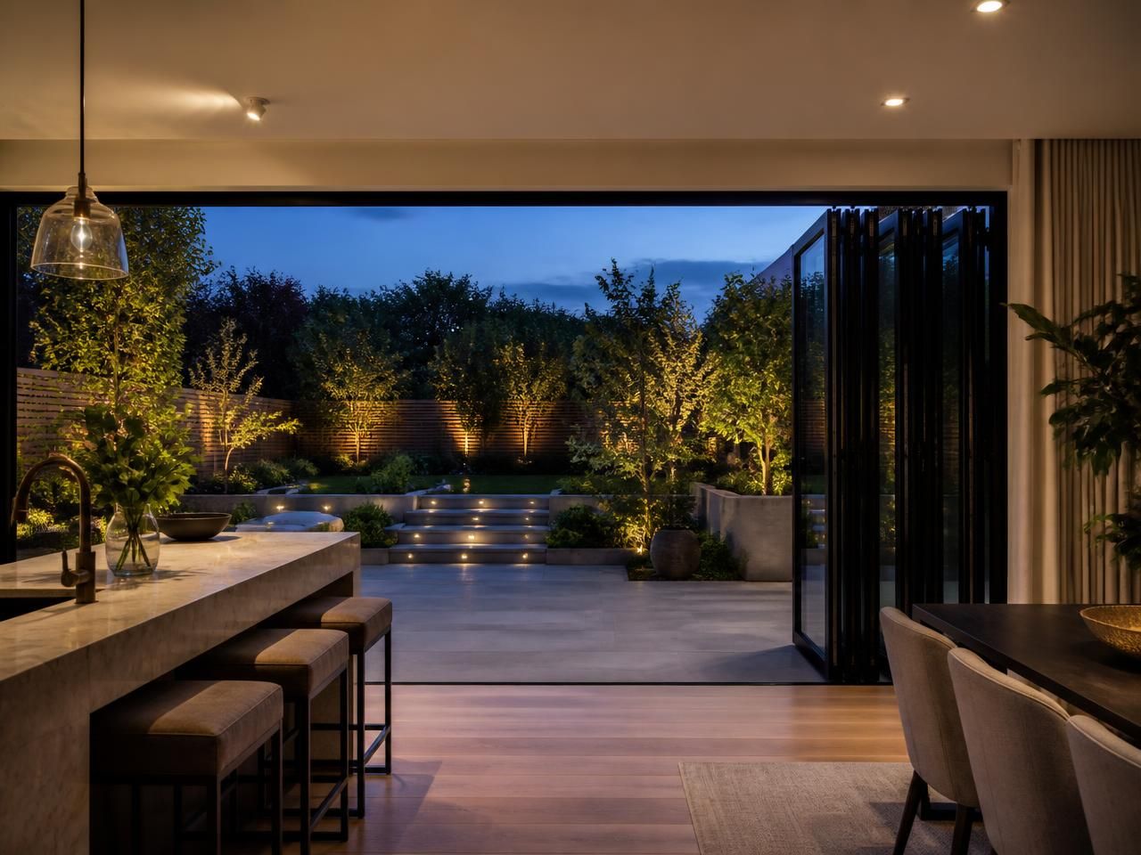 Interior view looking through open bifold doors onto a lit garden with dining terrace