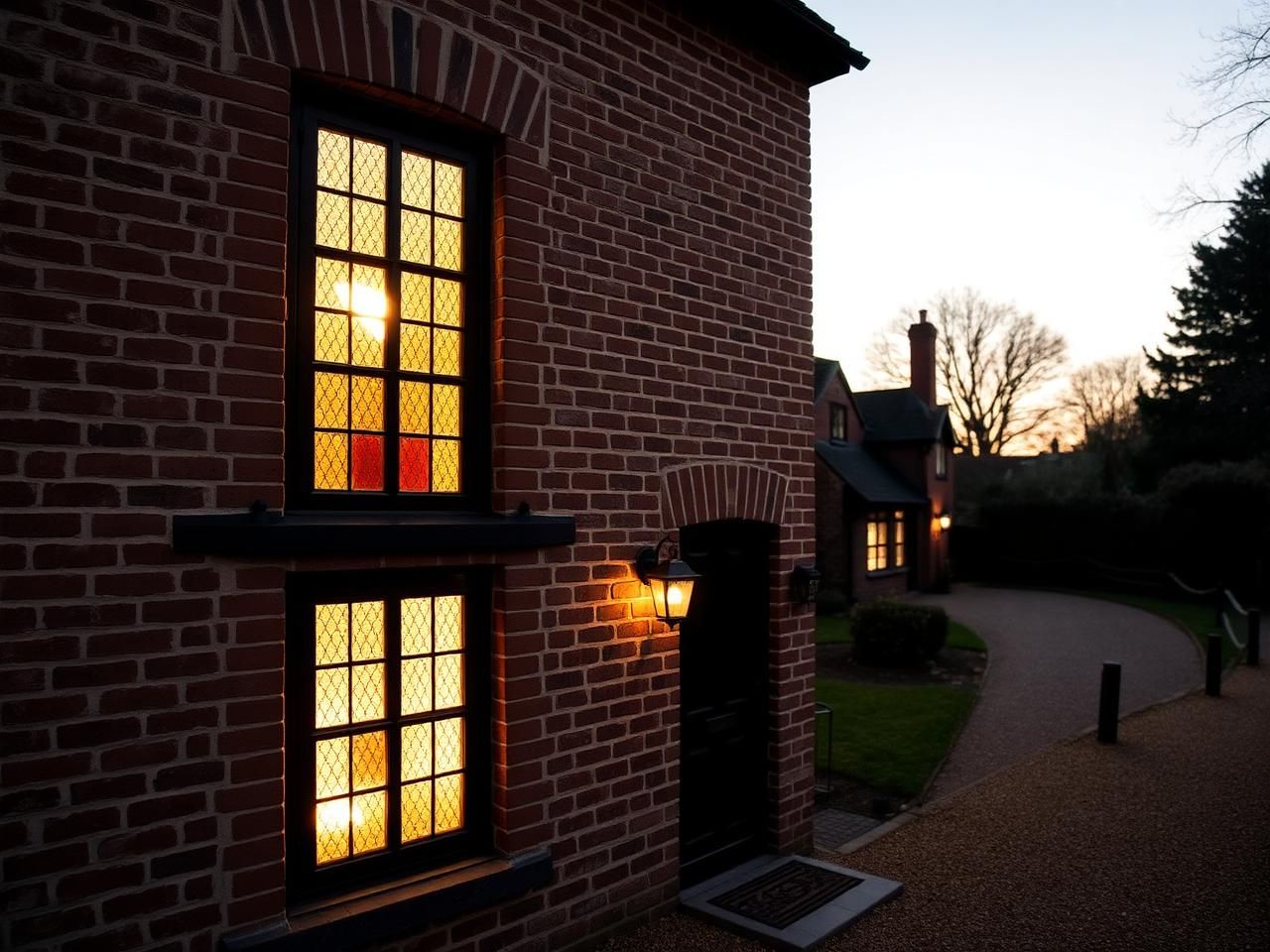 Chiltern brick-and-flint cottage in Buckinghamshire with heritage flush casement windows glowing warmly at dusk