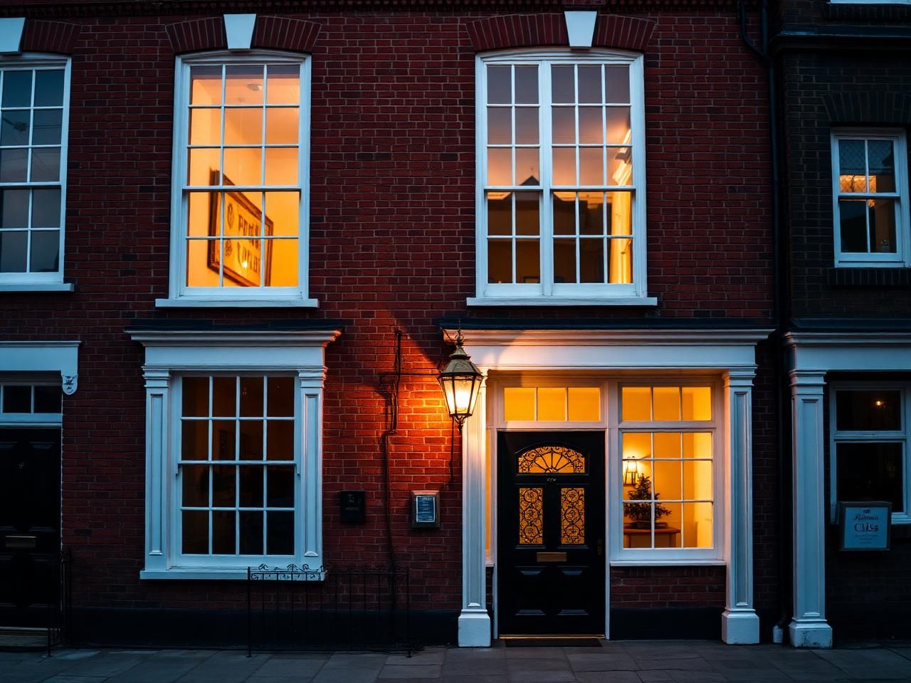 Georgian red-brick market-town house in Amersham Old Town with tall white sash windows and a black front door lit by a brass lantern — installed by South East Windows & Doors in Princes Risborough, Buckinghamshire
