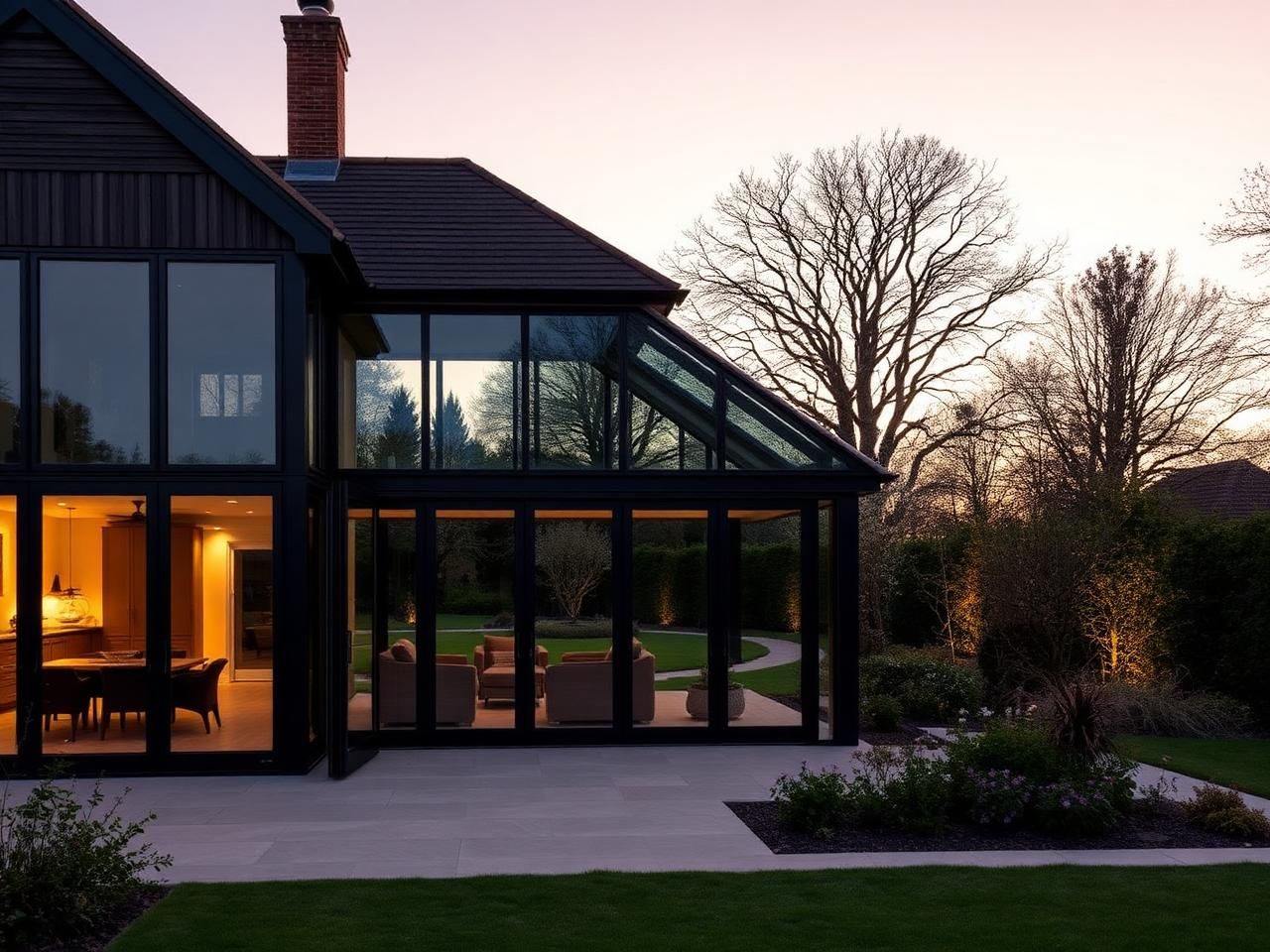 Modern Buckinghamshire country home with black aluminium bifold doors opening onto a landscaped Chiltern garden at dusk — installed by South East Windows & Doors in Princes Risborough, Buckinghamshire