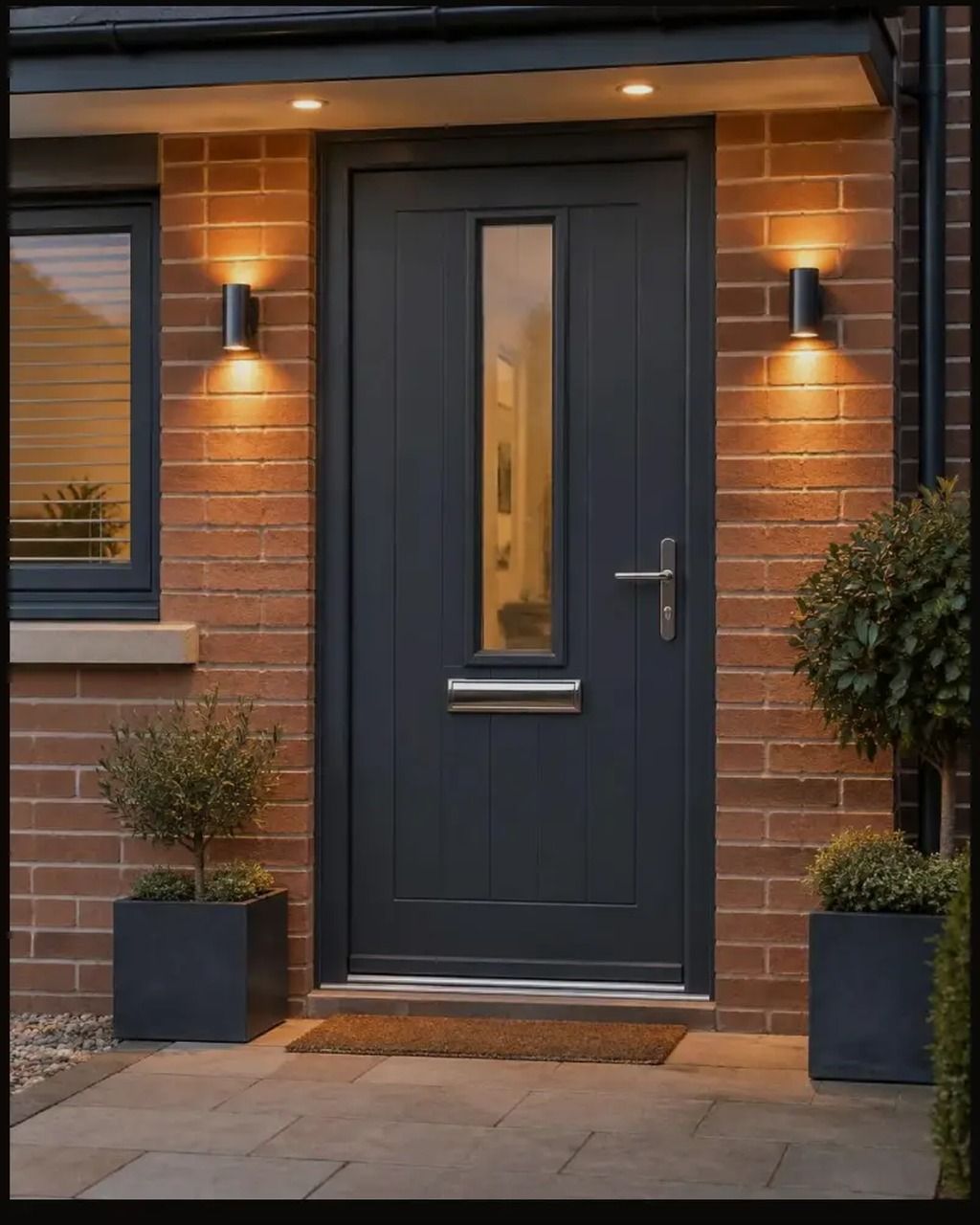 Anthracite grey composite front door with a tall vertical glass panel, chrome handle, letterplate and matching wall lights on a modern red-brick home entrance with potted topiary at dusk