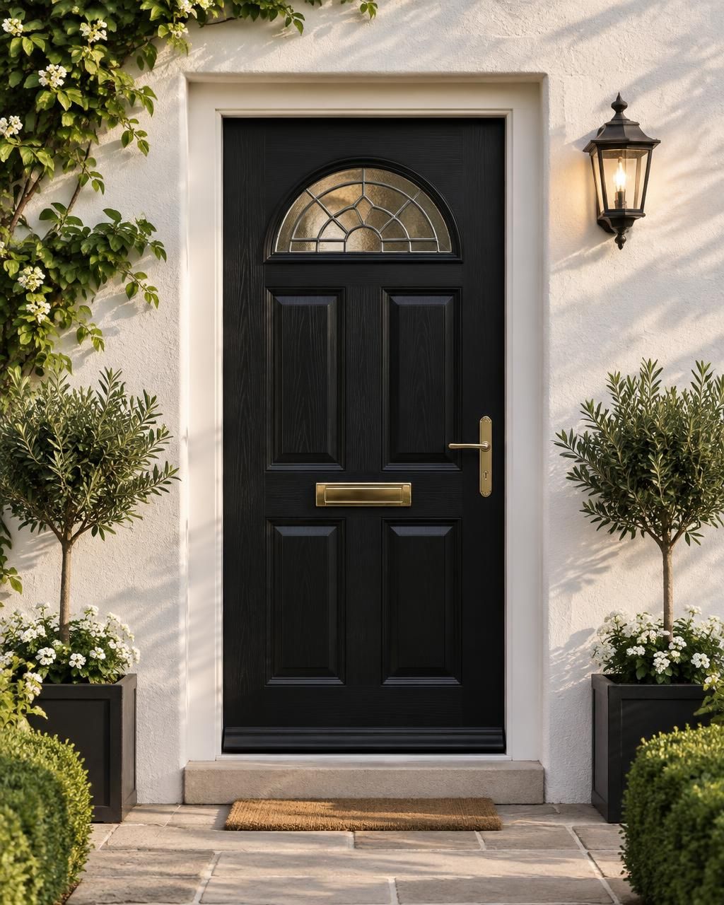 Black composite cottage front door with decorative semicircular glazing, brass furniture and a white rendered surround