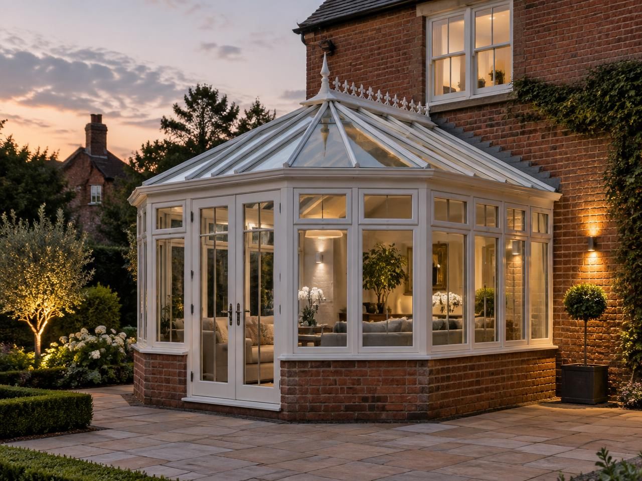 White Victorian-style conservatory with a faceted bay front and ornate glass roof on a red-brick home at dusk