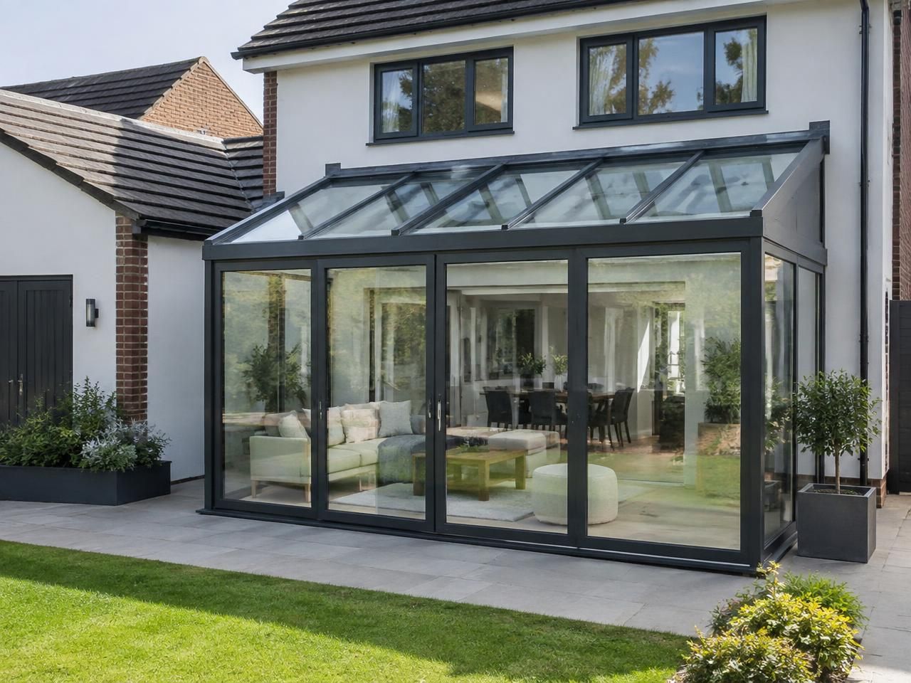 Interior of a conservatory with vaulted glass roof, oak beams and warm pendant lighting