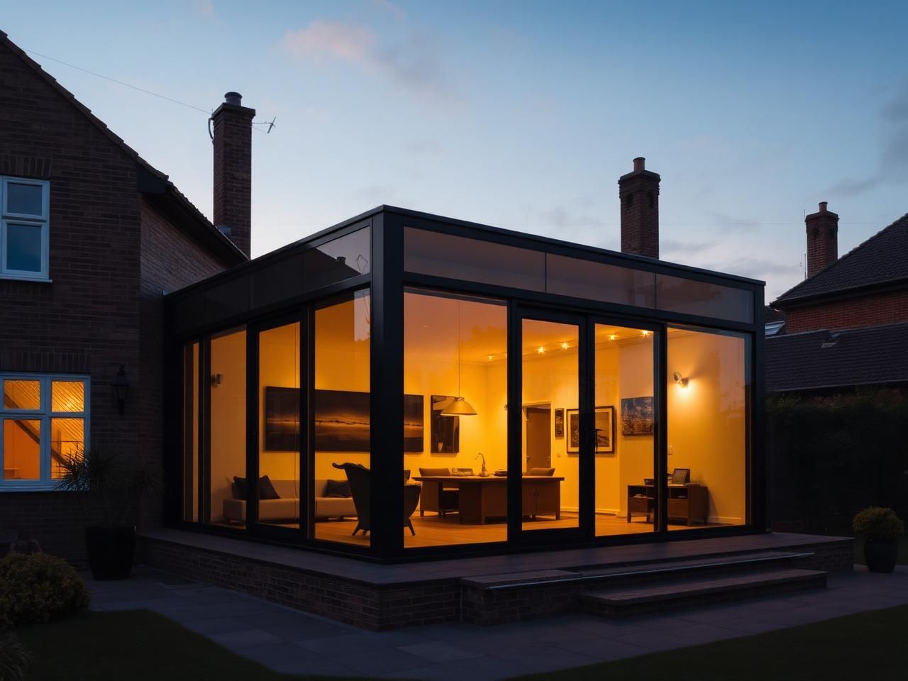 Contemporary glass box extension with slim black aluminium frames on a British home at dusk with warm interior glow
