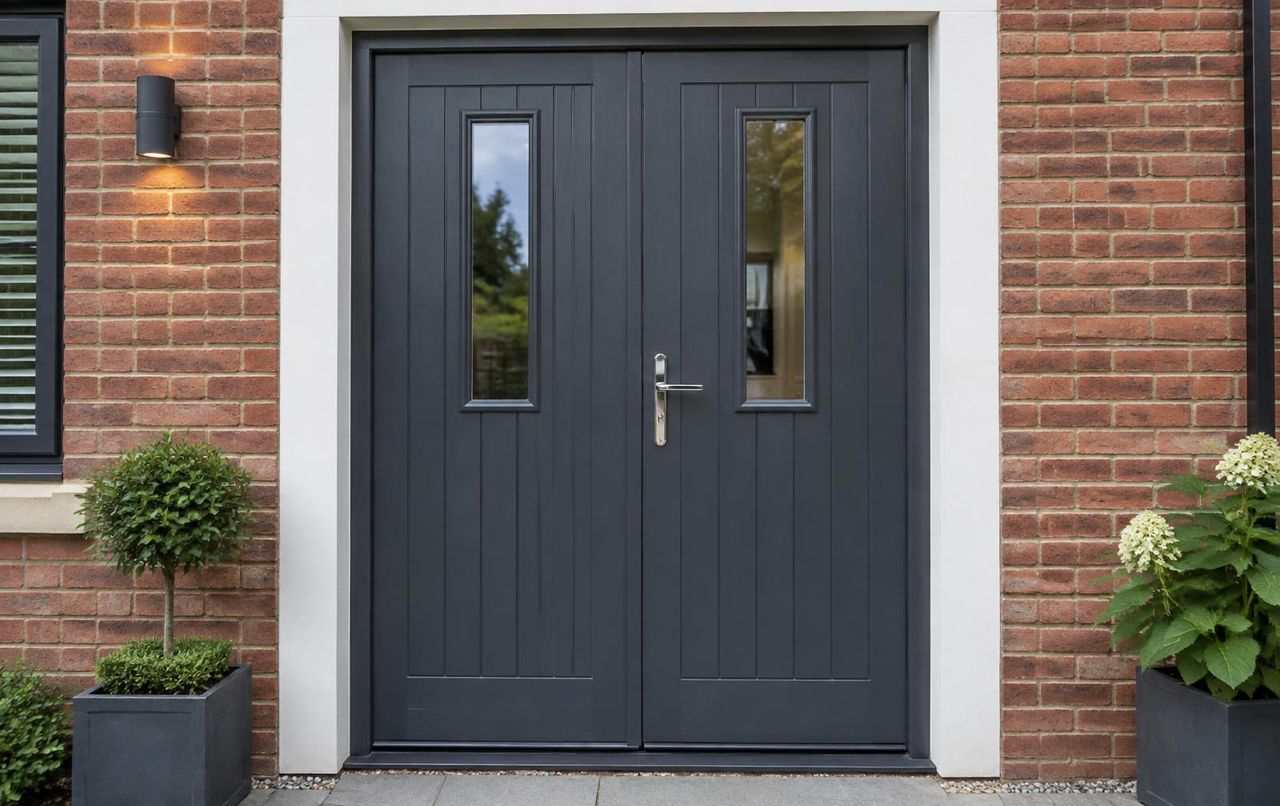 Anthracite grey composite double back doors with narrow glazed panels on a modern red-brick rear elevation