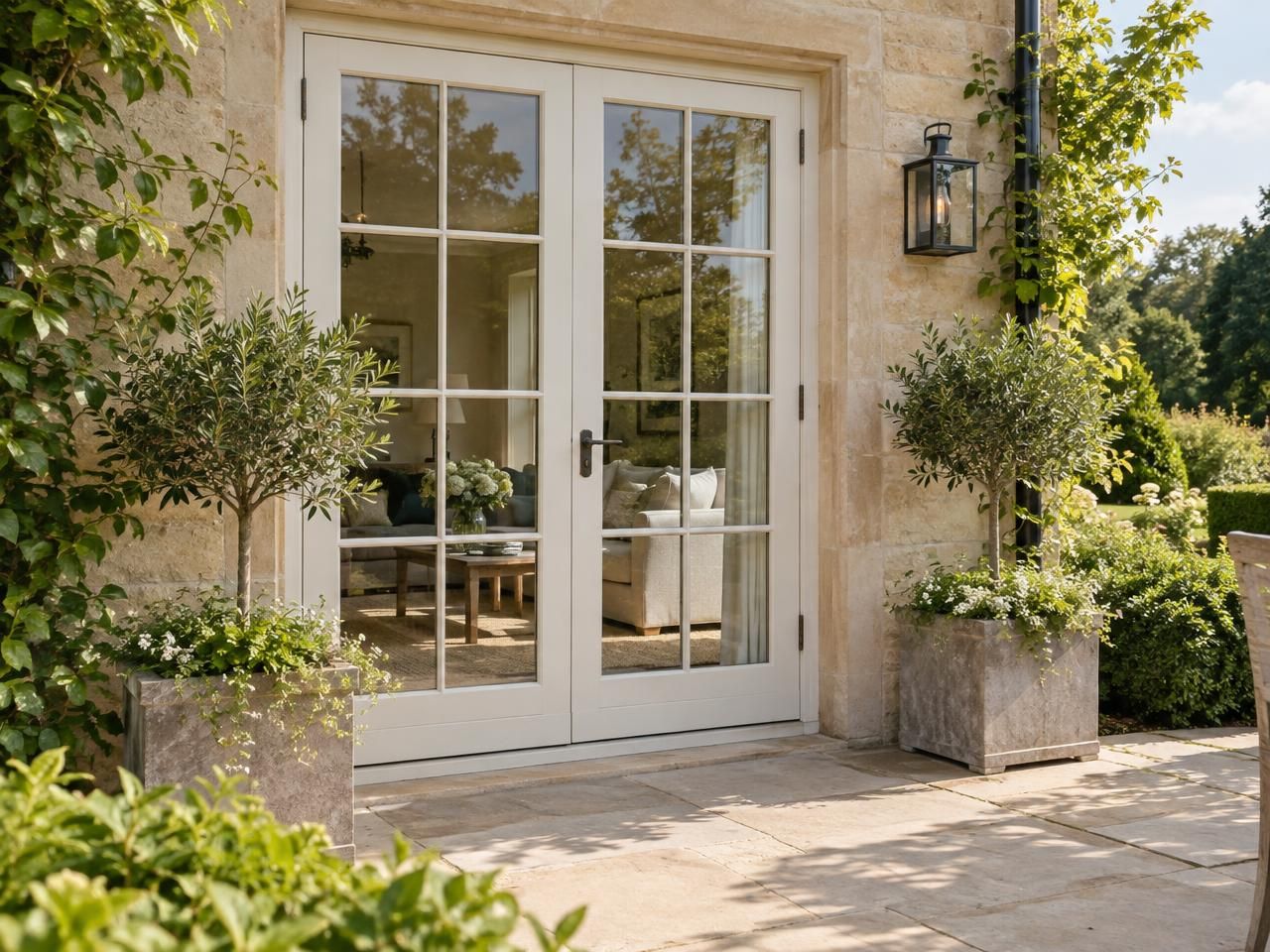 Painted timber French doors with slim glazing bars opening onto a landscaped garden terrace