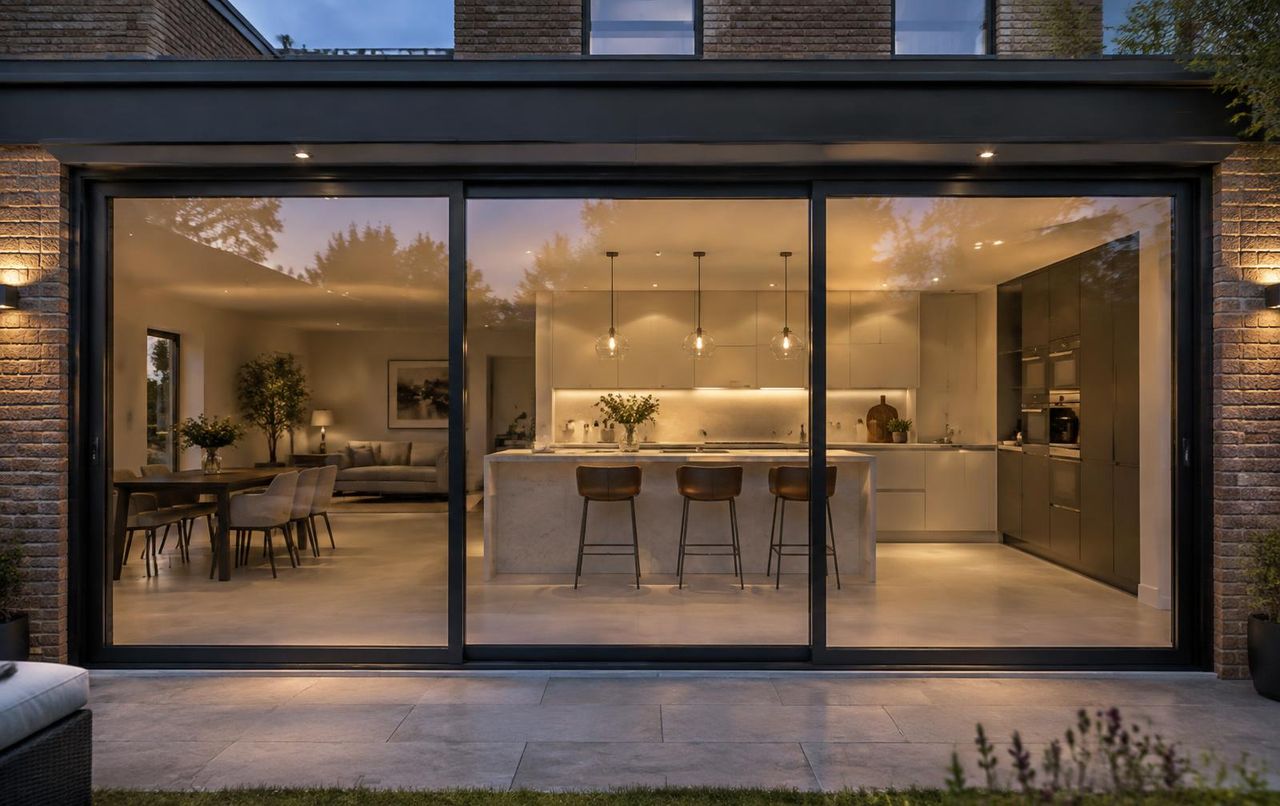 Wide three-panel black aluminium patio sliding doors opening a contemporary rear extension onto the garden at dusk