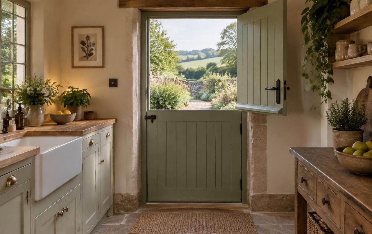 Sage green stable door split horizontally and standing open on a stone country cottage, looking into a farmhouse kitchen