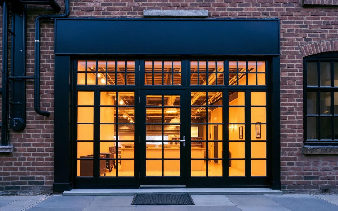 Steel-look black glazed door and screen with fine glazing bars on a brick warehouse-style frontage, lit from inside at night