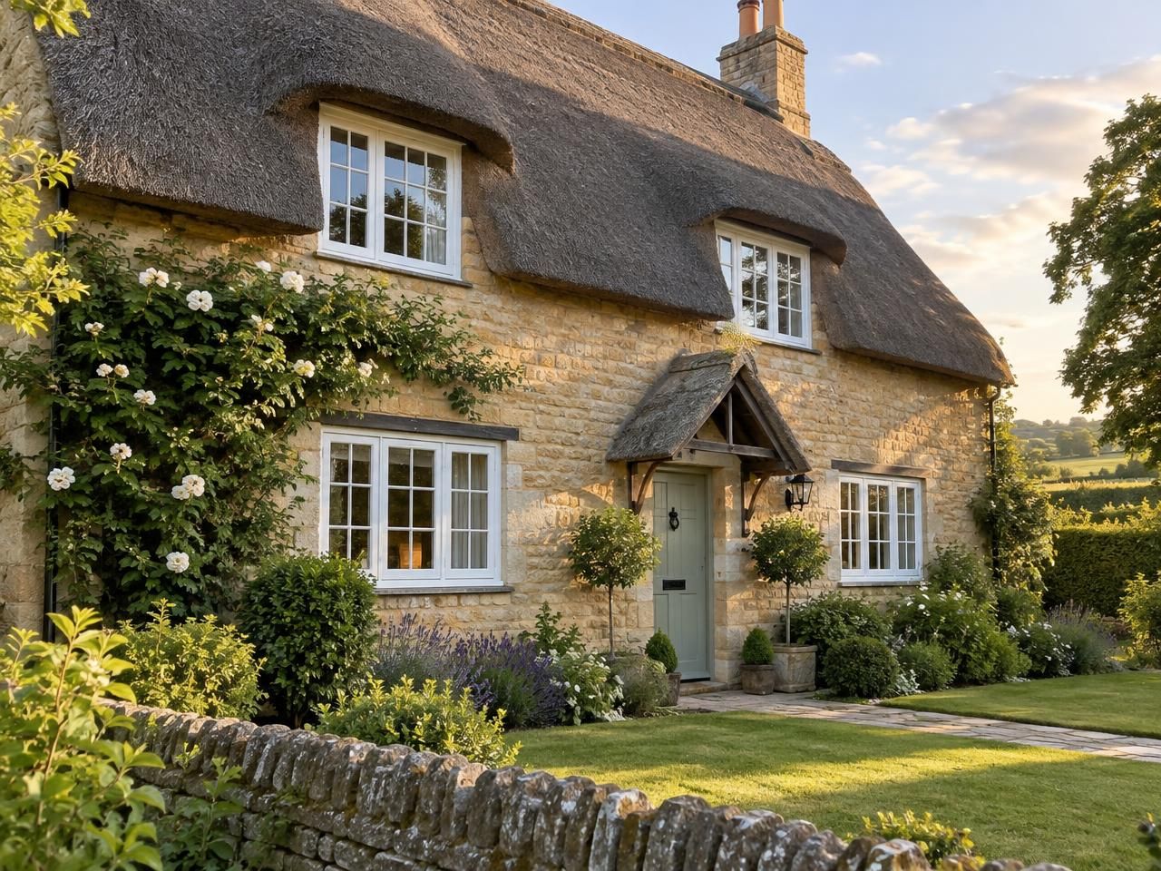 Cream heritage flush casement windows on a thatched English cottage at dusk with climbing wisteria and a brass lantern