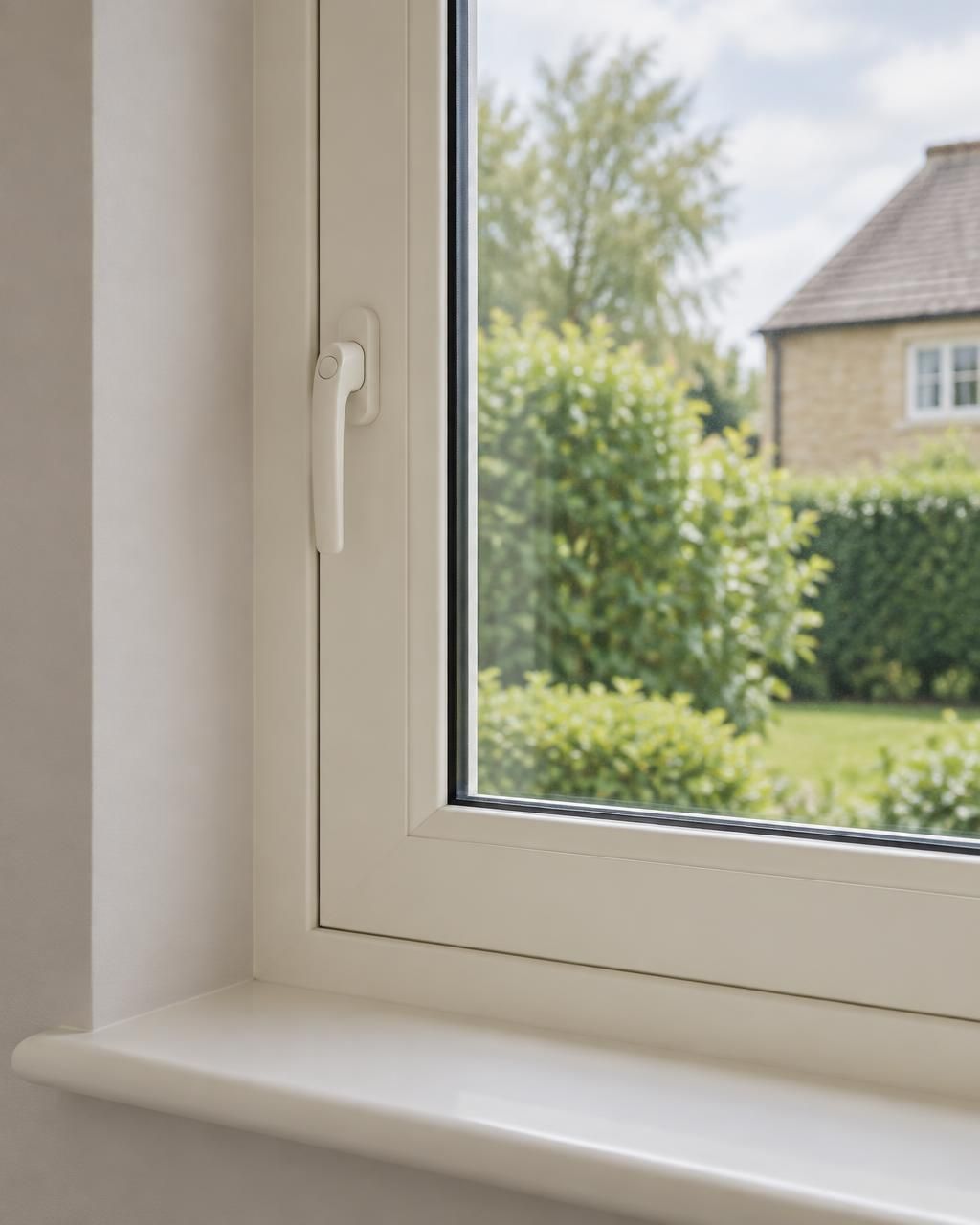 Close-up interior detail of a cream flush casement window with a white handle and deep reveal