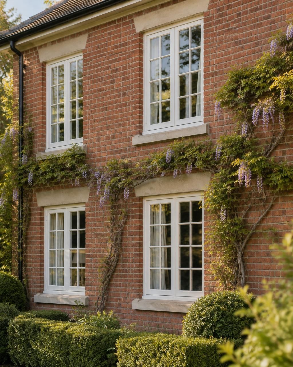 Heritage white windows with fine Georgian glazing bars on a red-brick home draped in wisteria at dusk