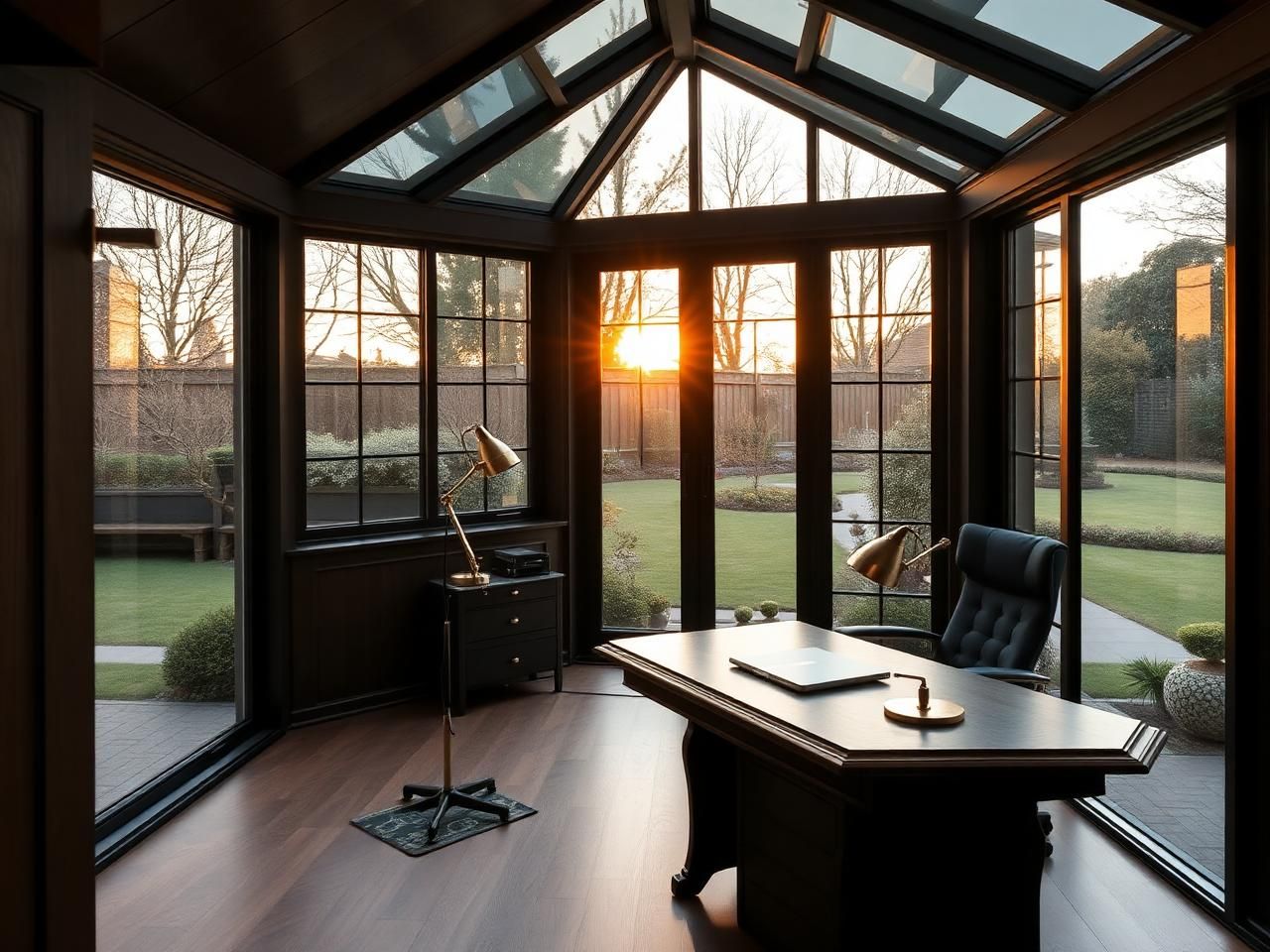 Interior of a luxury garden room home office with a dark oak desk, brass task lamp and floor-to-ceiling black-framed glazing onto a garden at sunset