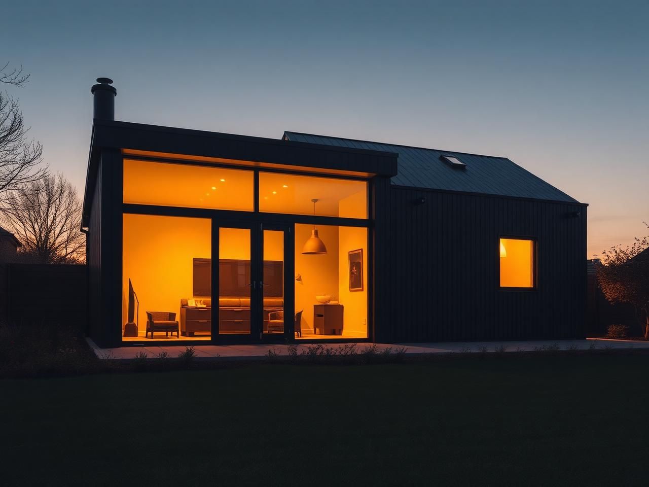 Contemporary dark-clad garden studio with a wide glazed entrance and warm interior lighting at dusk