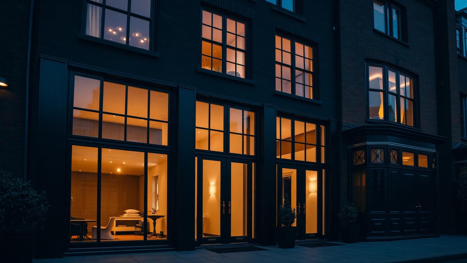 Elegant London townhouse at dusk showcasing black aluminium windows and doors with warm interior light