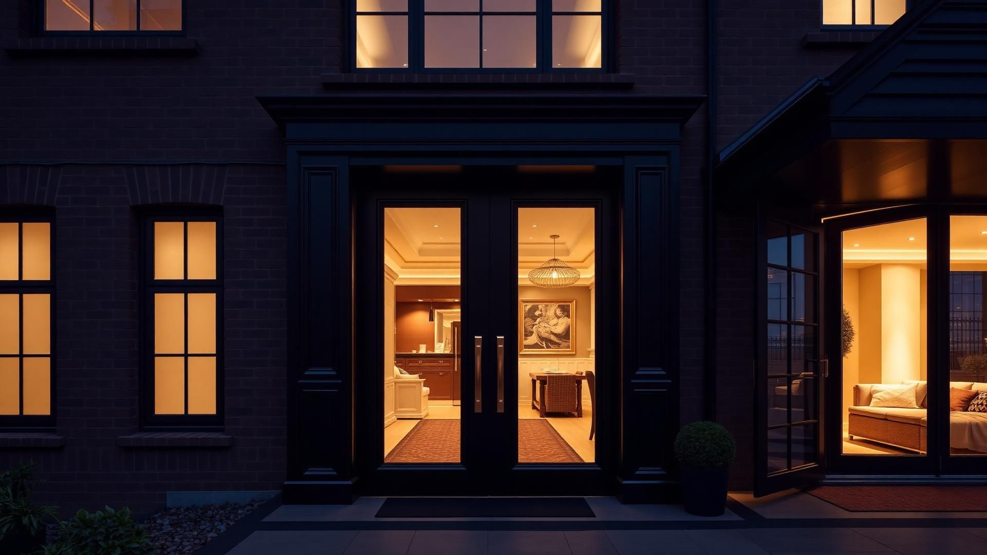 Luxurious London townhouse entrance at dusk with statement matte-black doors and warm hallway light