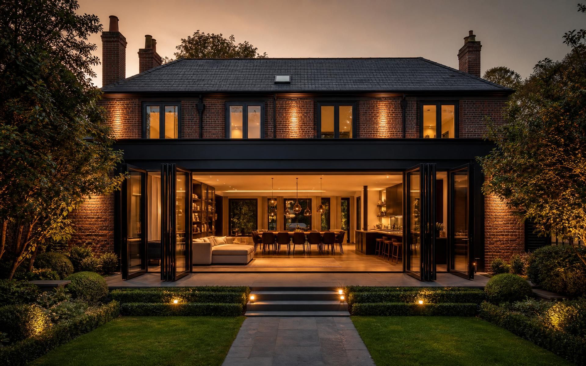 Luxury home with black aluminium bifold doors opening to a garden — installed by South East Windows & Doors across London and the Home Counties