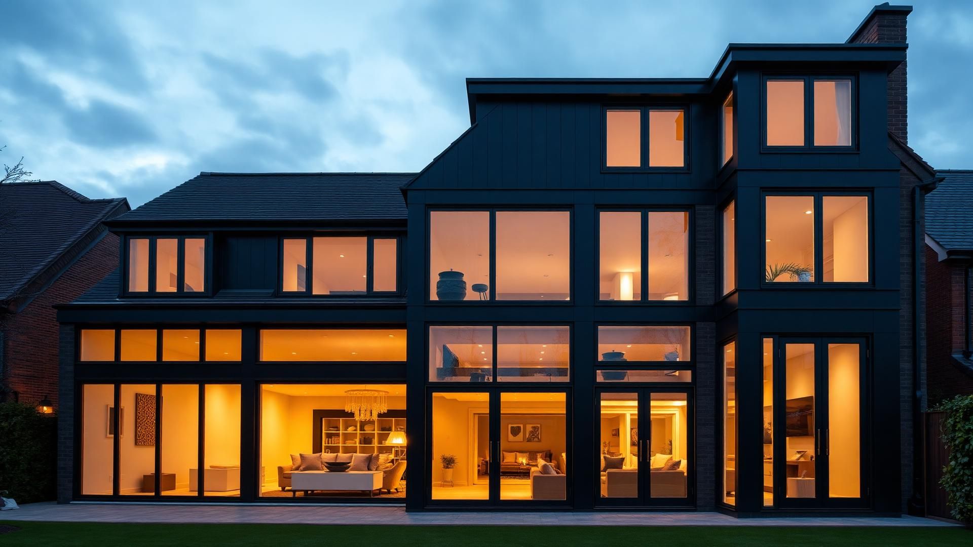 Contemporary British home at dusk showcasing full-height black aluminium windows with warm interior light