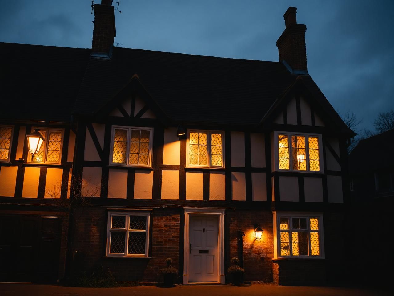 Historic Hertfordshire timber-framed Tudor cottage with white leaded flush casement windows glowing at dusk