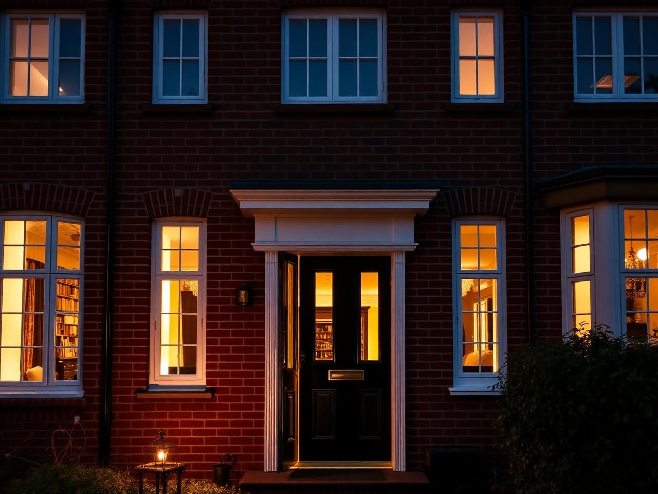 Red-brick St Albans country home with white sash windows and a black composite front door with brass fittings at twilight