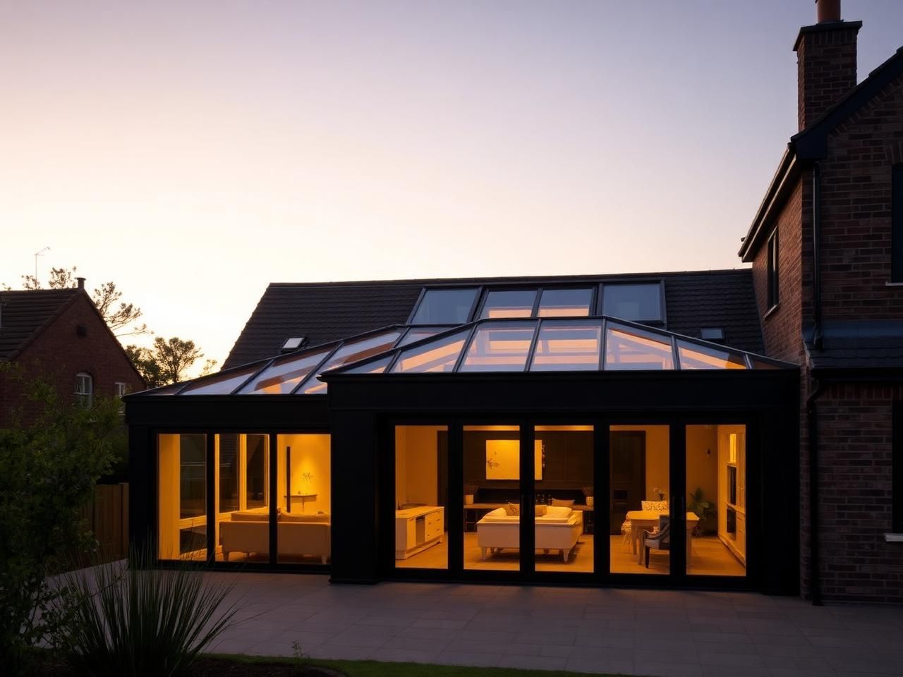 Contemporary Hertfordshire orangery extension with slim black aluminium framing and a lantern roof, glowing warmly at dusk
