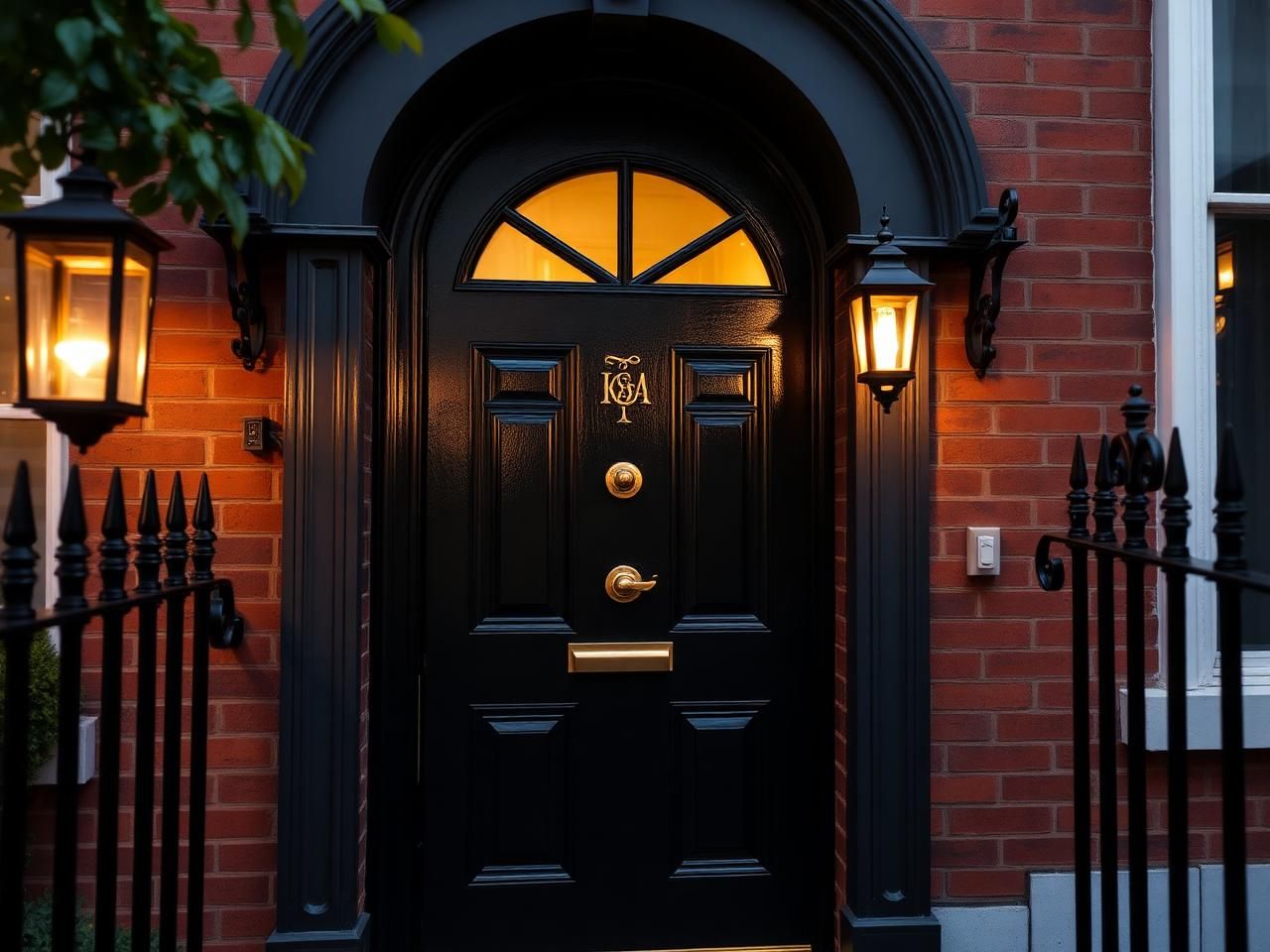 Sculptural black composite front door with polished brass ironmongery on a red-brick Georgian London townhouse, lit by brass lanterns at dusk