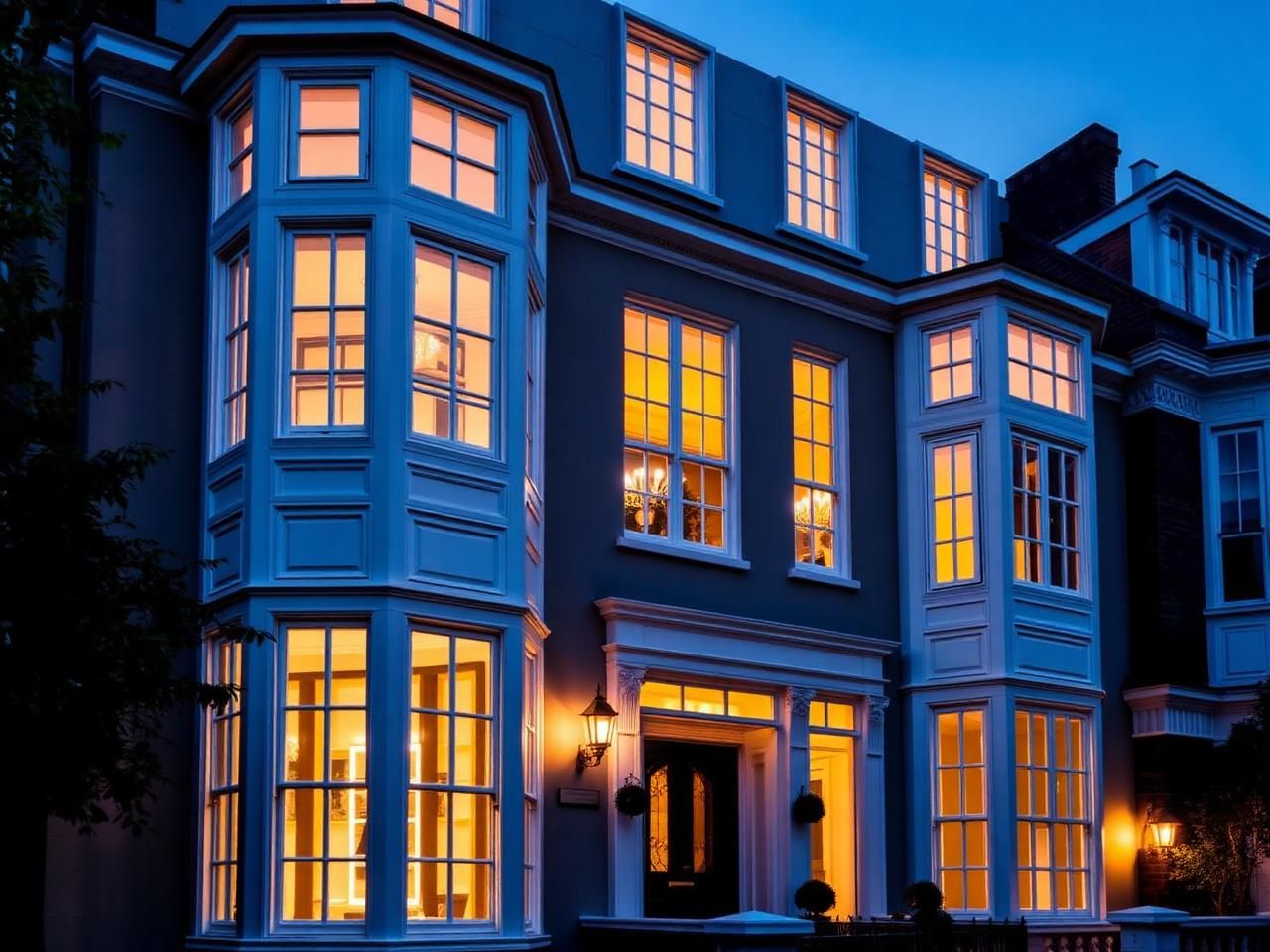 Tall white sash windows glowing on a stucco Kensington mansion at twilight