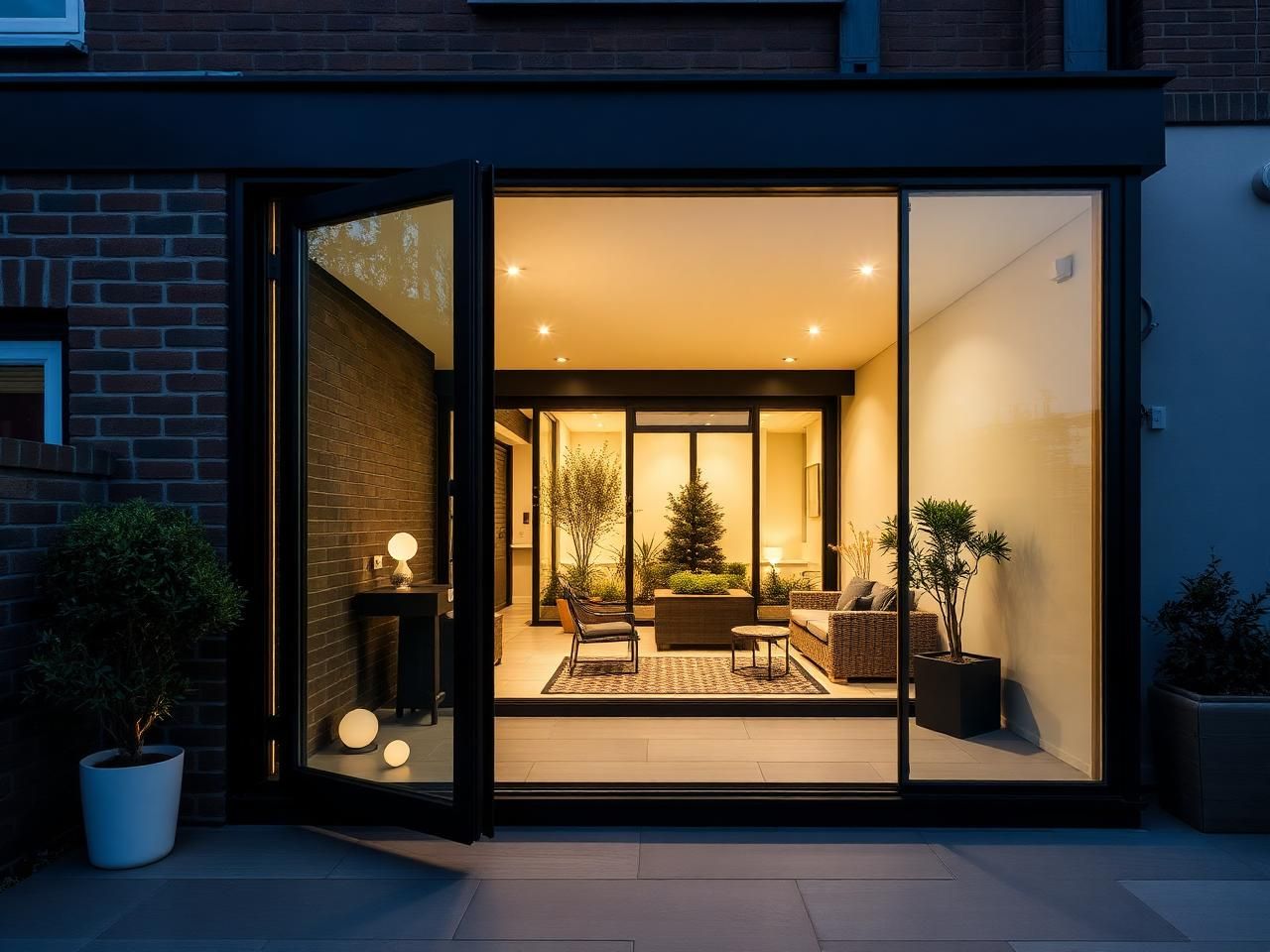 Slim black aluminium bifold doors on a modern London side-return extension opening onto a lit courtyard garden at dusk