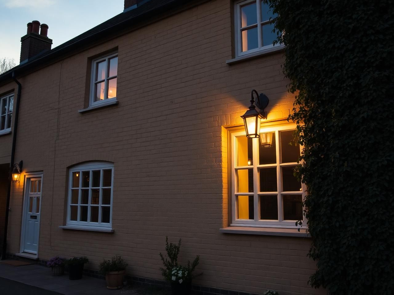 Honey-coloured Northamptonshire ironstone cottage with mullioned flush casement windows and ivy accents, glowing at dusk